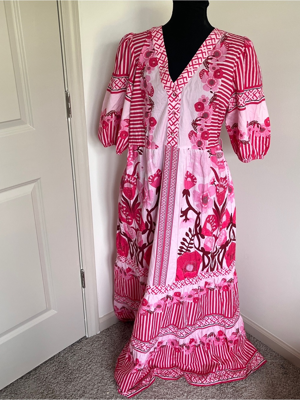 Celina Moon Pink Red Floral Block Print Maxi Dress L
